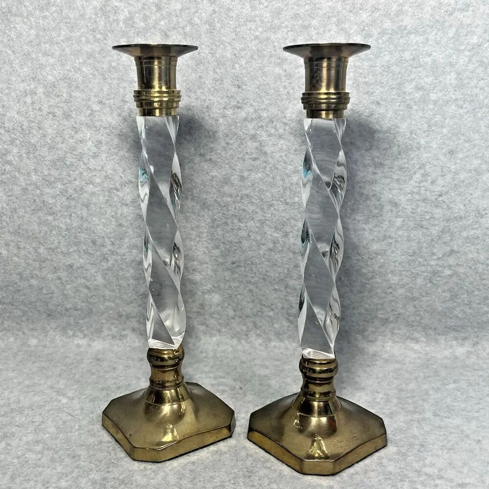 Vtg Lucite Brass Candlestick Holders Pair Twisted Octagon Base Hollywood Regency